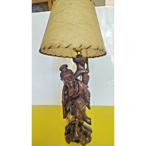 Hand carved Asian Fisherman,  Oriental Style Table Lamp 18" 1930-1940